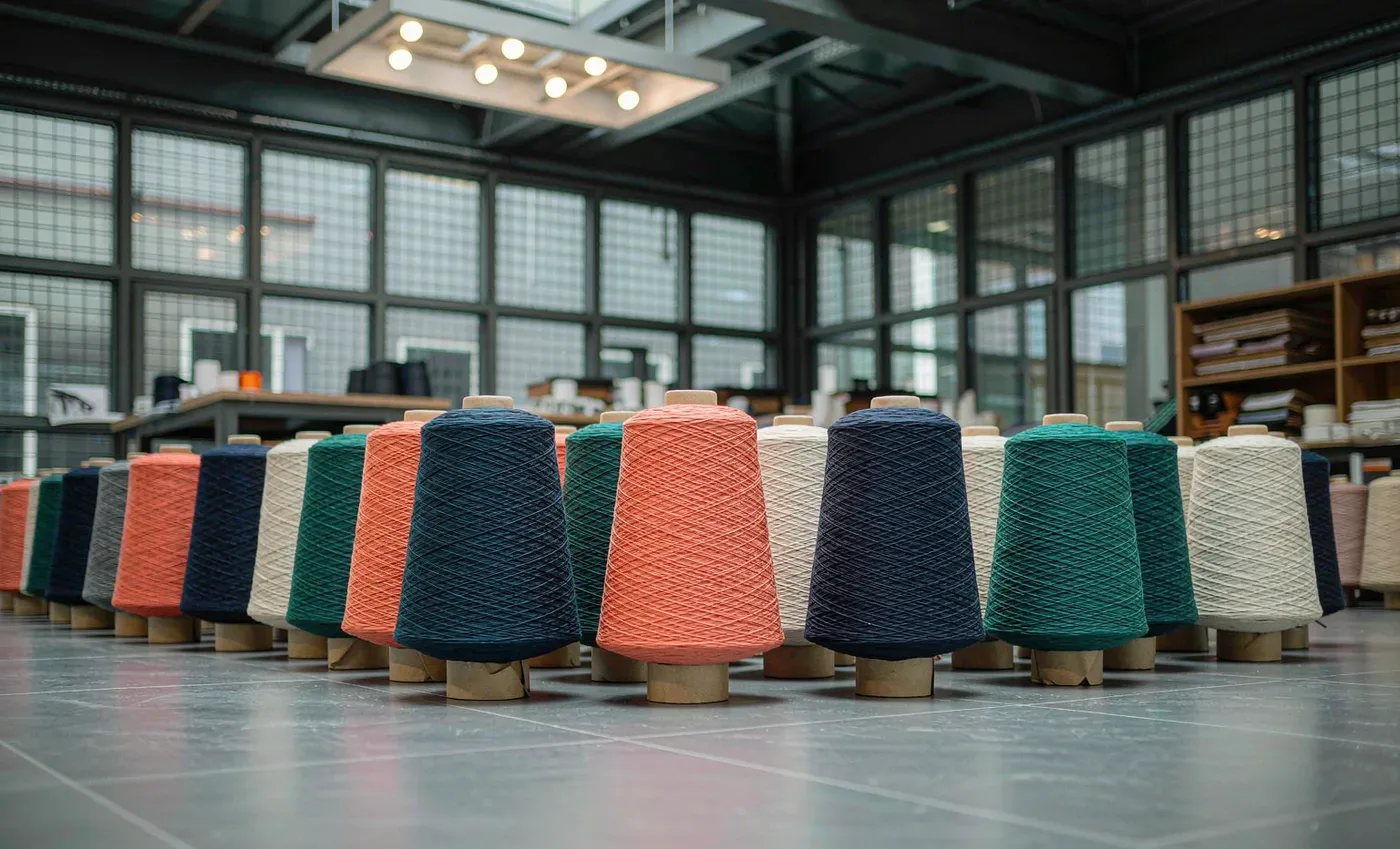 Colorful yarn cones in the SOXMILL knitting workshop
