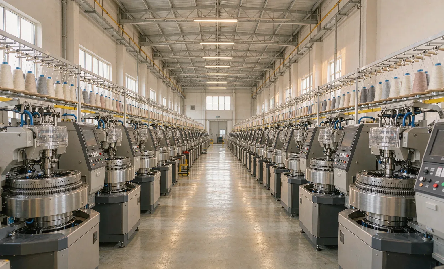Rows of computerized sock knitting machines in a bright modern workshop